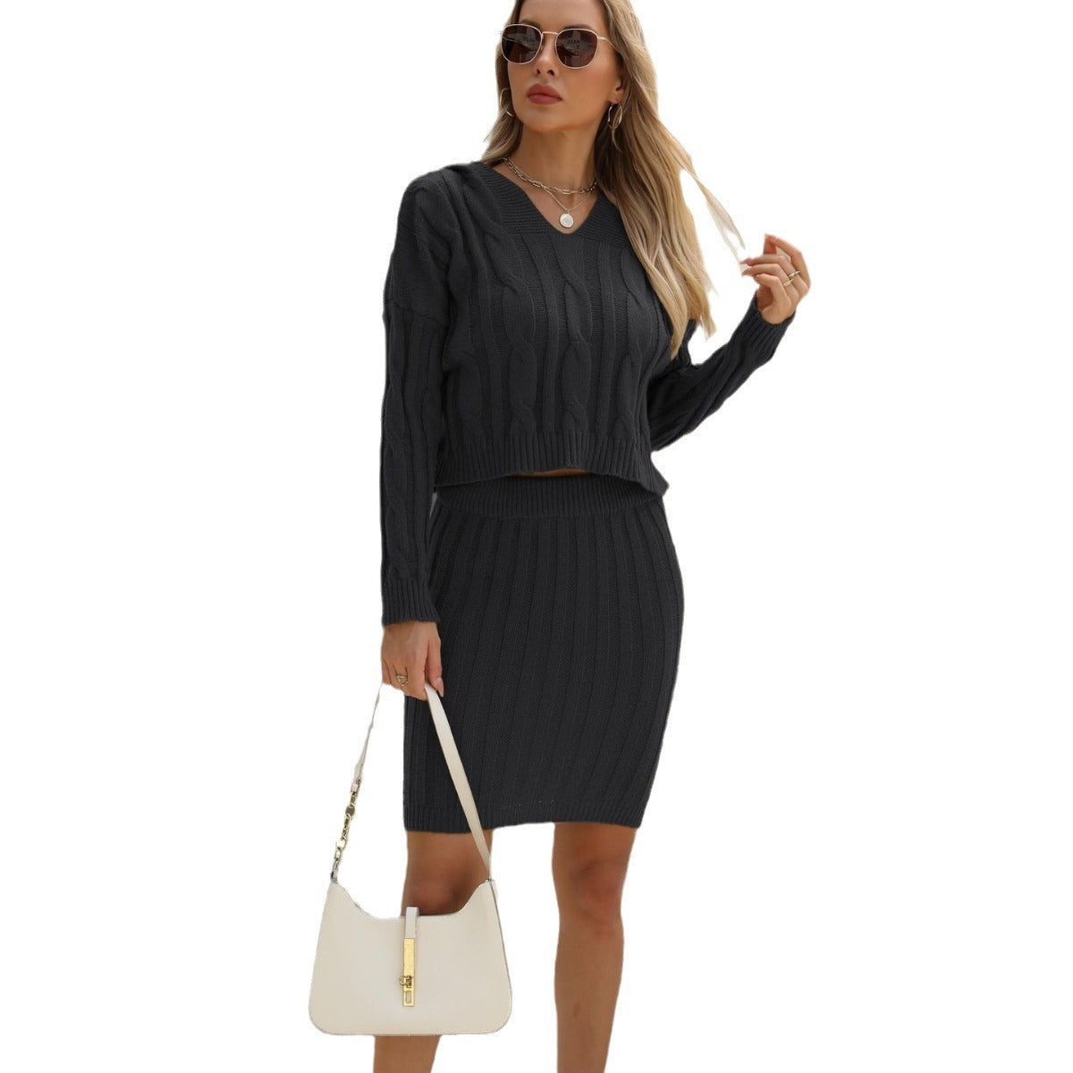 Women's Casual Twist Knit Long-sleeved Hooded Hip Skirt Suit