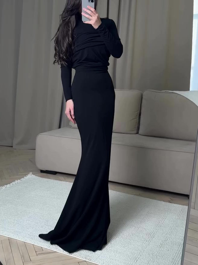Black Long-sleeve Top & Mermaid Skirt Two-piece Set