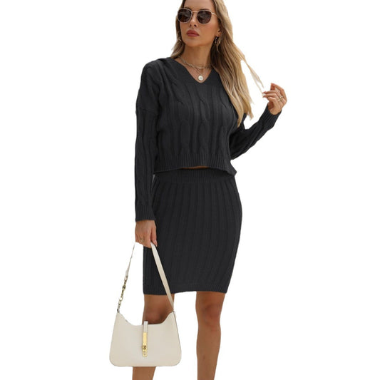 Women's Casual Twist Knit Long-sleeved Hooded Hip Skirt Suit