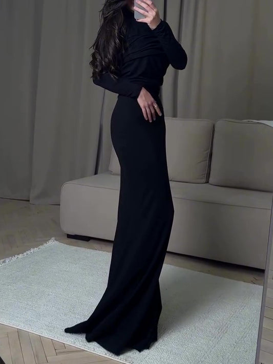 Black Long-sleeve Top & Mermaid Skirt Two-piece Set